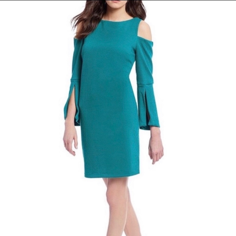 Isaac Mizrahi Dress Medium Cold Shoulder Split Sleeve Teal NWT